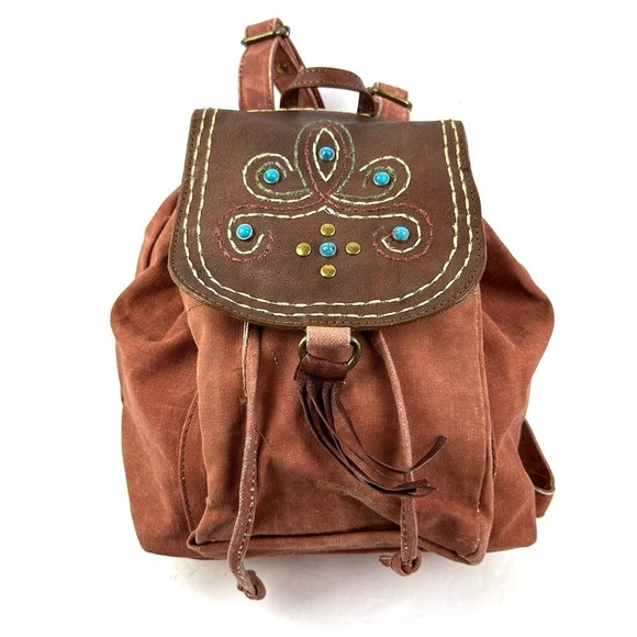 Mona B Dreamweaver Backpack Upcycled Canvas Rucksack Turquoise Jeweled New - Picture 1 of 12